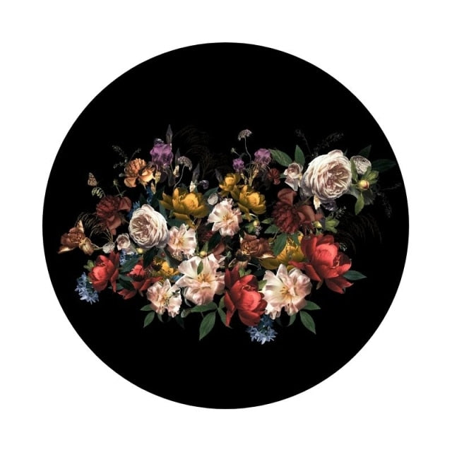 Thickened Colorful Floral Round Black Rug