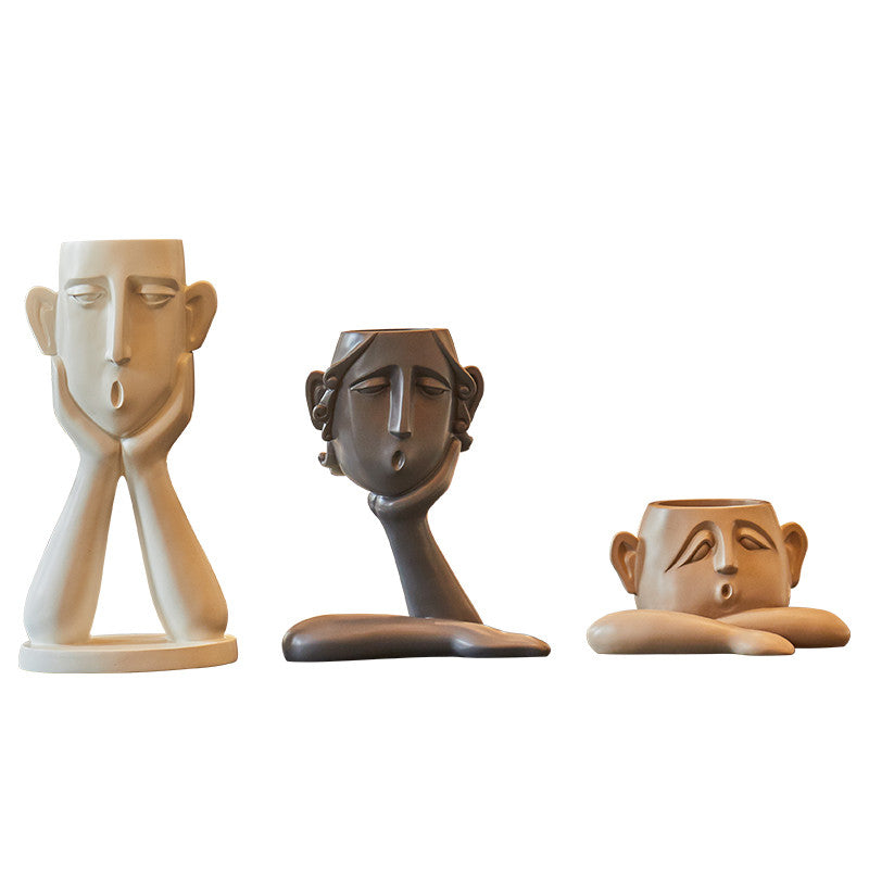 Abstract People Faces Ceramic Flower Pots Set
